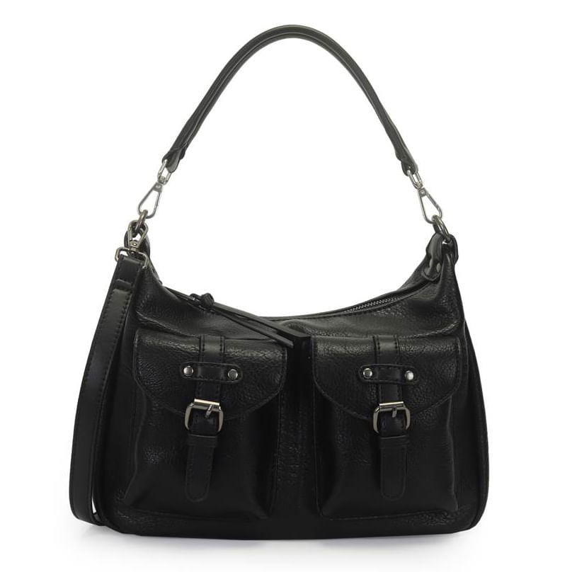 Bolsa feminina WJ preta vista frontal com bolsos frontais e alça curta, detalhe em ferragens prateadas